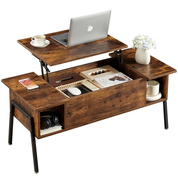 Lift Top Coffee Table Wood Center Table Storage Cabinet Hidden Compartment Rising Tabletop Lower Shelf Living Room Office Reception Brown