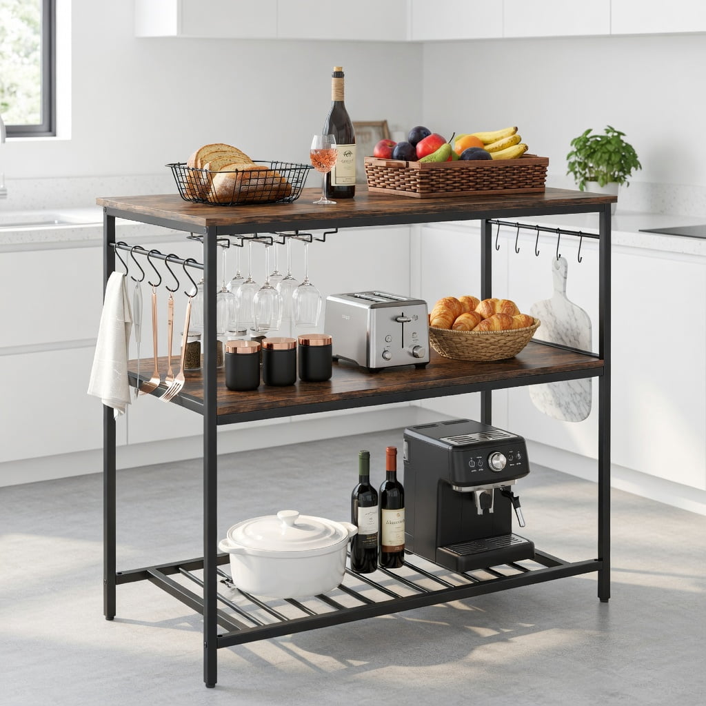 Resenkos 3 Shelves Kitchen Island Industrial Prep Table with Bottom Wine Rack-Rustic Brown, Storage Rack Microwave Oven Stand for Spices, Pots, and Pans