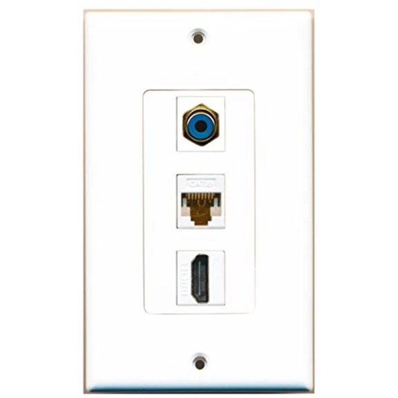 RiteAV - 1 Port HDMI and 1 Port RCA Blue and 1 Port Cat6 Ethernet White Decorative Wall Plate Decorative
