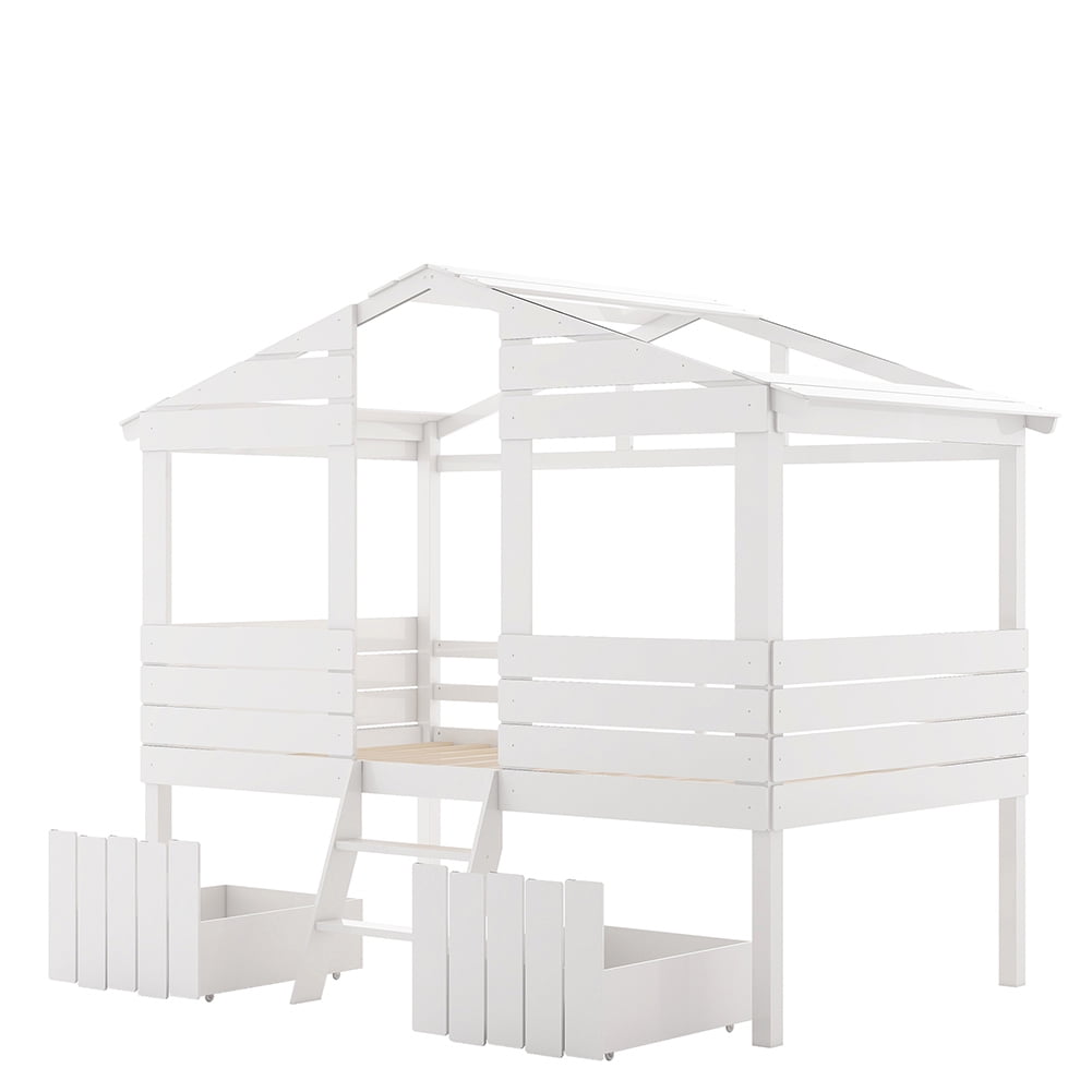 Kadyn kids Bunk Loft Bed with Two Drawers, Windows and Roof Design, White Kadyn kids Bunk Loft Bed with Two Drawers, Windows and Roof Design, White