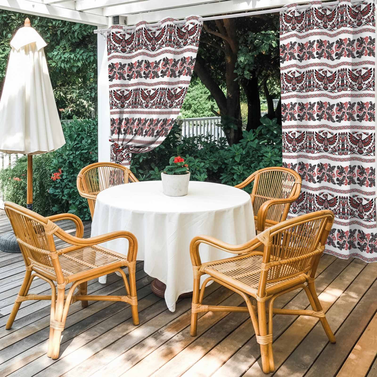 Ethnic Tribal Style Outdoor Curtains for Patio, Bird Geometric Boho Red White Rustic Sunshade Privacy Drapes Grommet Waterproof Outside Curtains for Porch/Cabana/Balcony 54"x 108", 1 Panel
