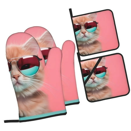 

Zufioo Cool Cat Pink Sunglasses Oven Mitts and Pot Holders 4pcs Set Kitchen Oven Glove High Heat Resistant 500 Degree Extra Long Oven Mitts for Kitchen Baking Cooking