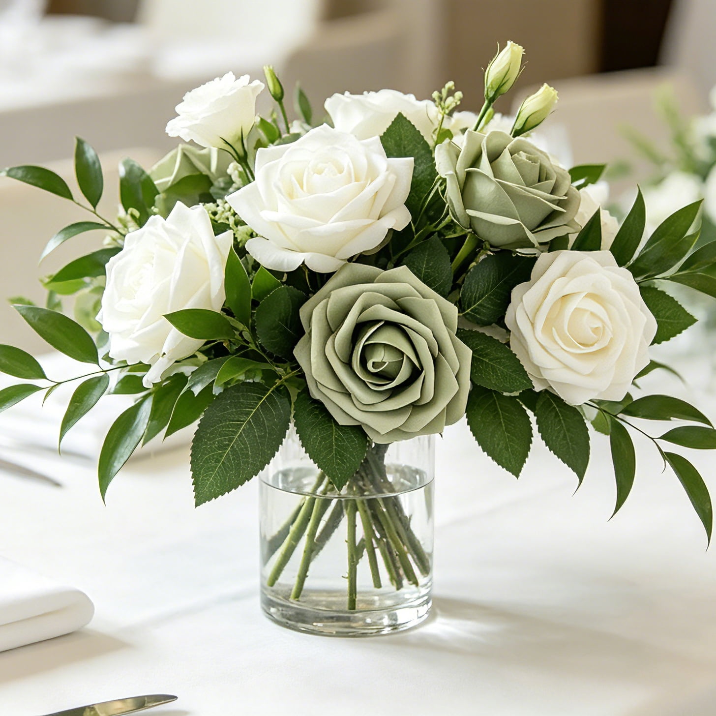25Pcs Sage Green and White Artificial Foam Flowers with Stems, Fake Roses for DIY Wedding Bouquets, Centerpieces, Bridal Shower & Home Decor