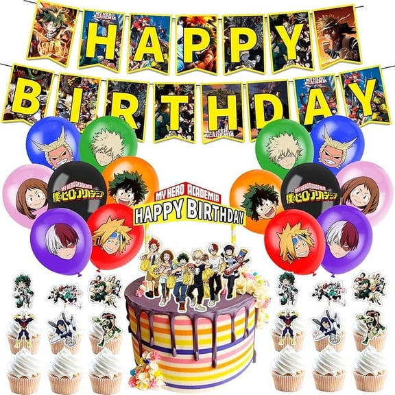 40 cartoon birthday party supplies including banners, cake caps, 24 cupcake caps, and 16 balloon decorations.