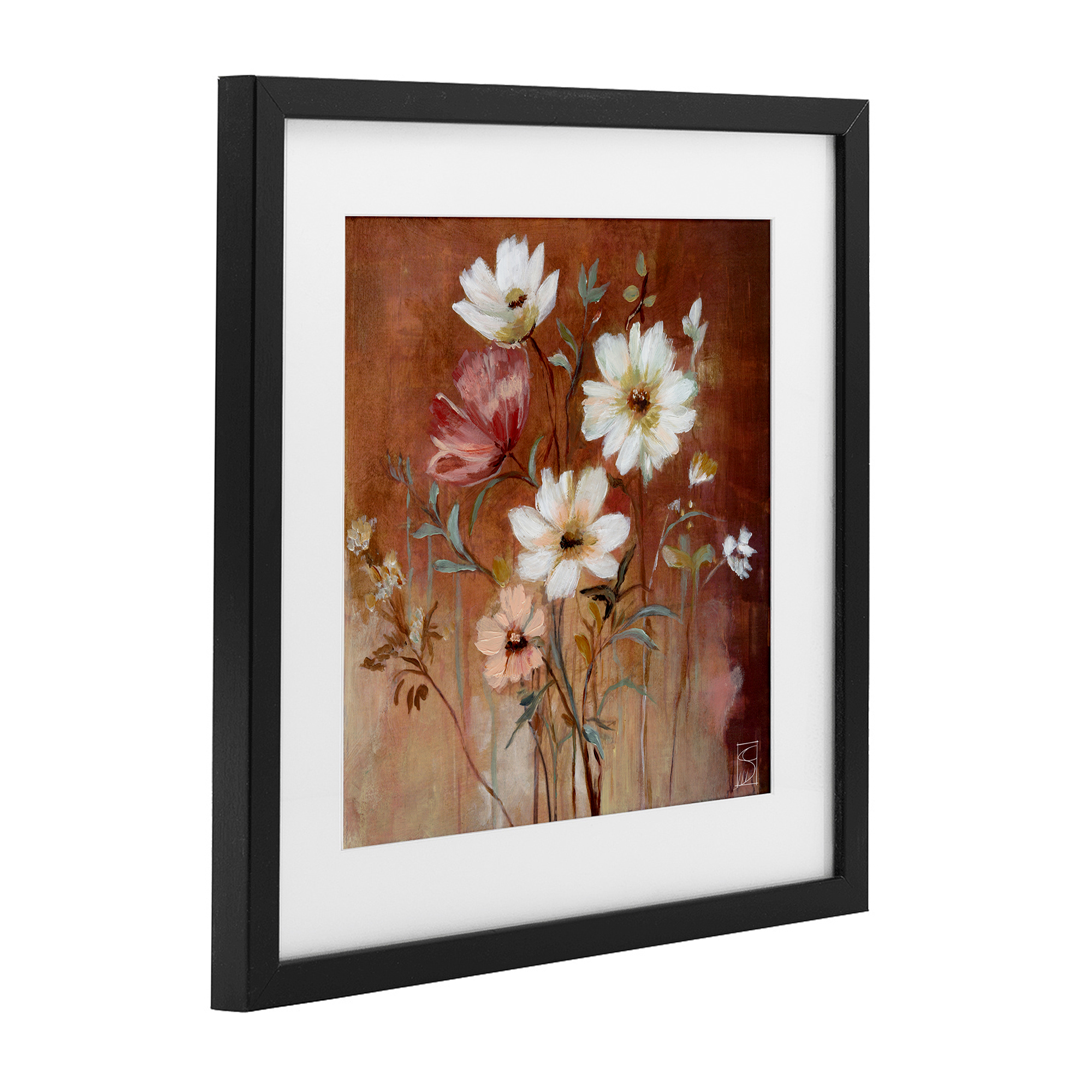 Mocha Flowers Collection Black Framed Print Under Glass, design by Sara Culpepper