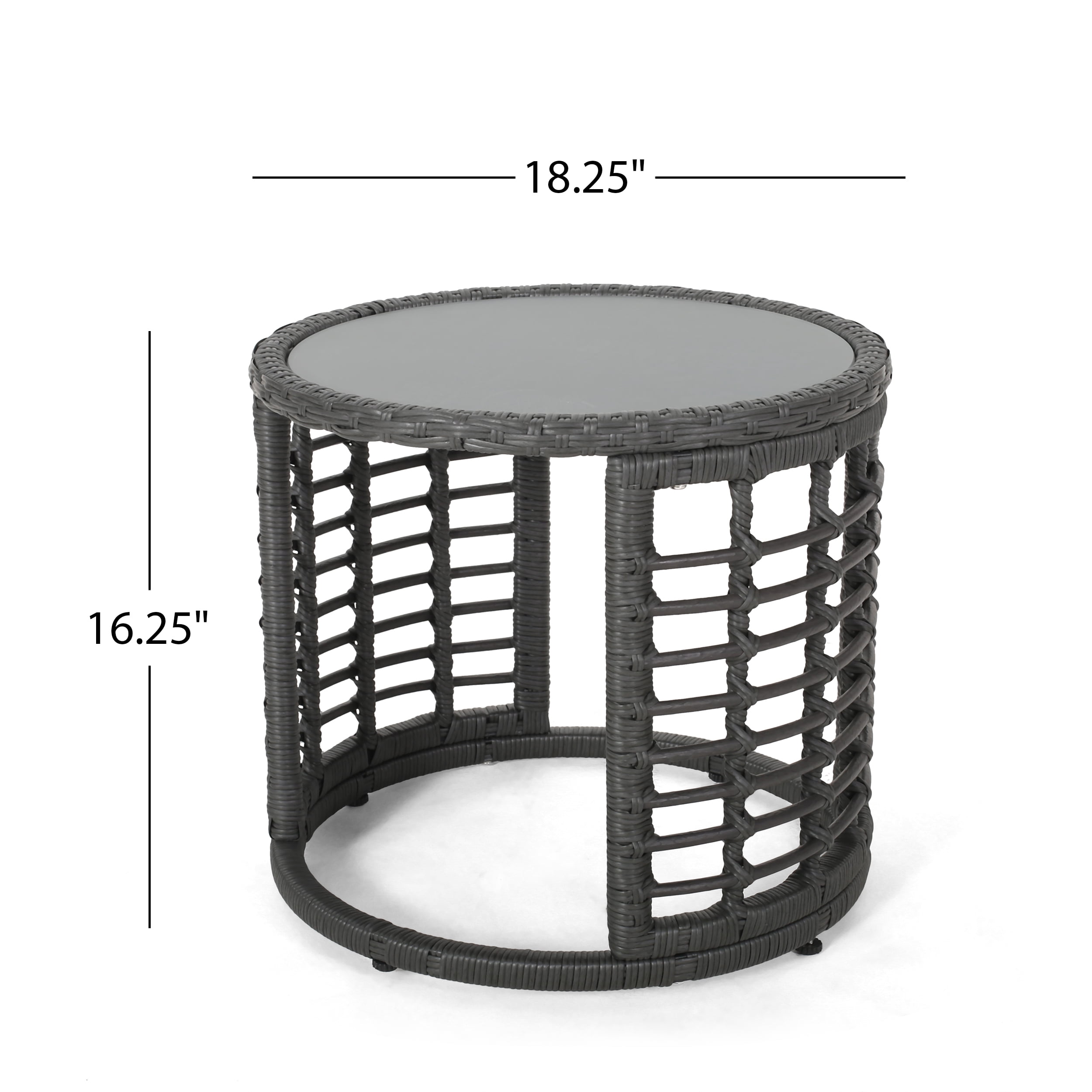 Harrisburg Outdoor Modern Boho Wicker Side Table with Tempered Glass Top, Gray