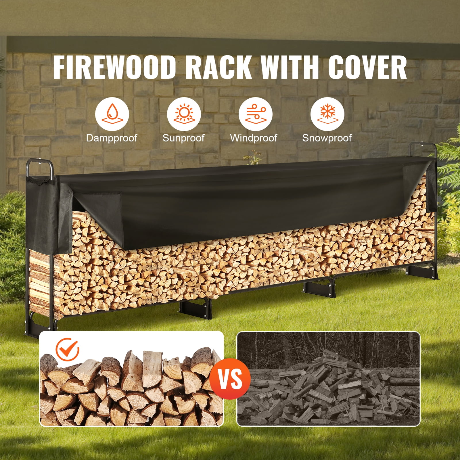 KFFKFF 12.7 ft Outdoor Firewood Rack with Cover Firewood Holder 152"x14.2"x46.1"