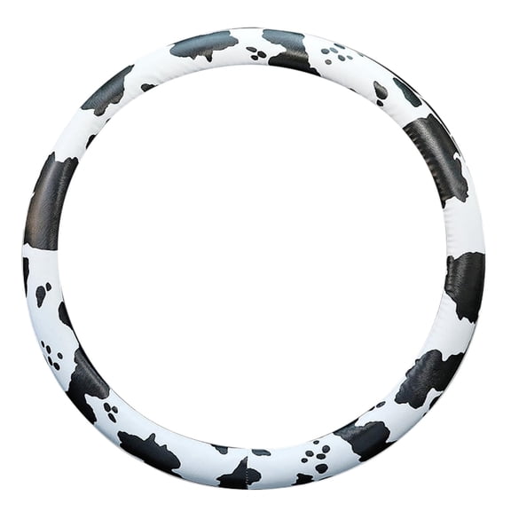 Black Cow Print Steering Wheel Cover, PU Cute Auto Cow-Pattern,Breathable Slip-Proof Comfort Leather Covers,Universal Protector Car Interior Accessories(15 in)