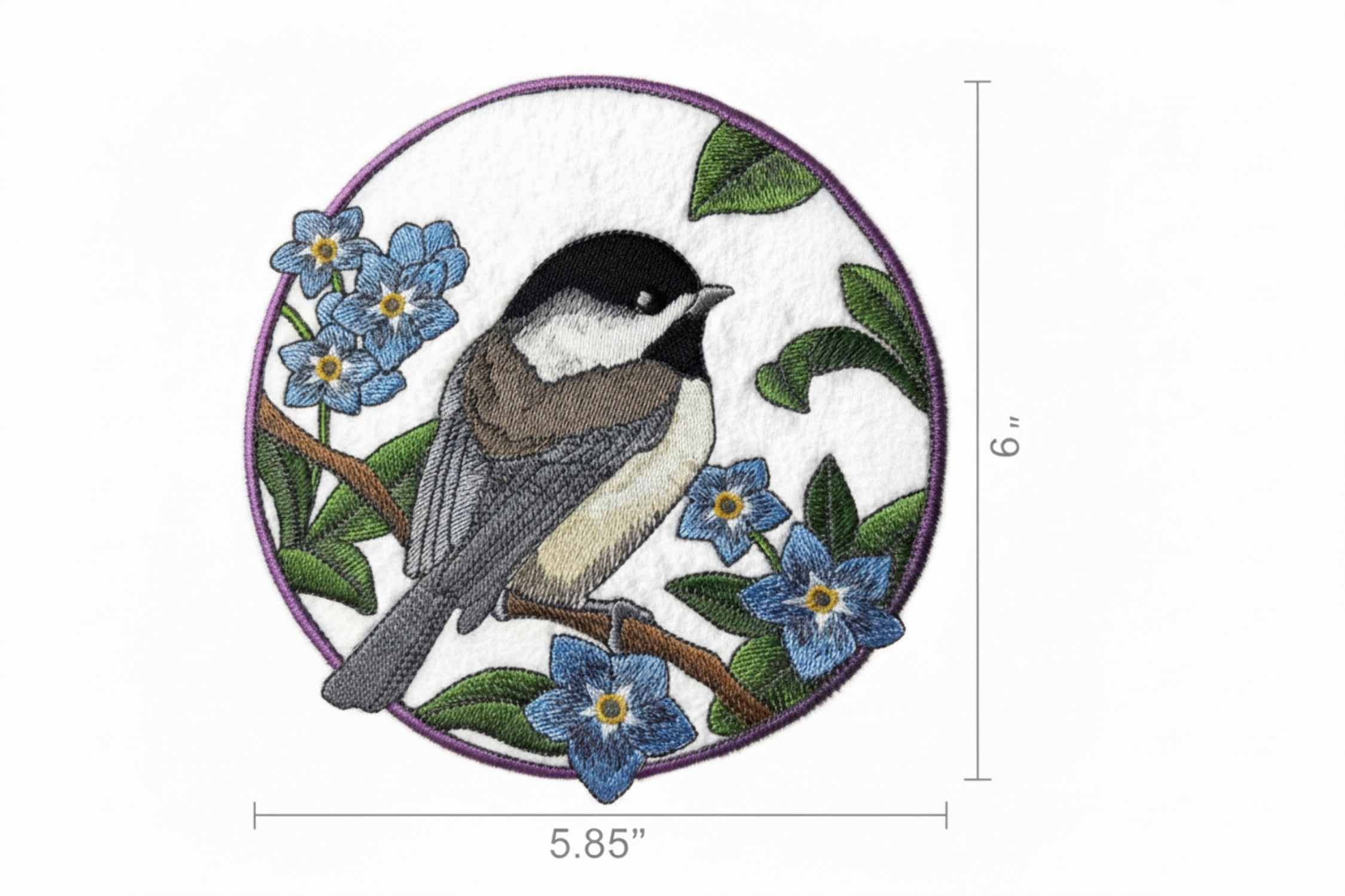 Chickadee  Forget-Me-Not Circle Embroidered Patch (5.85" x 6") – Delicate Nature Iron-On or Sew-On Design, USA Made
