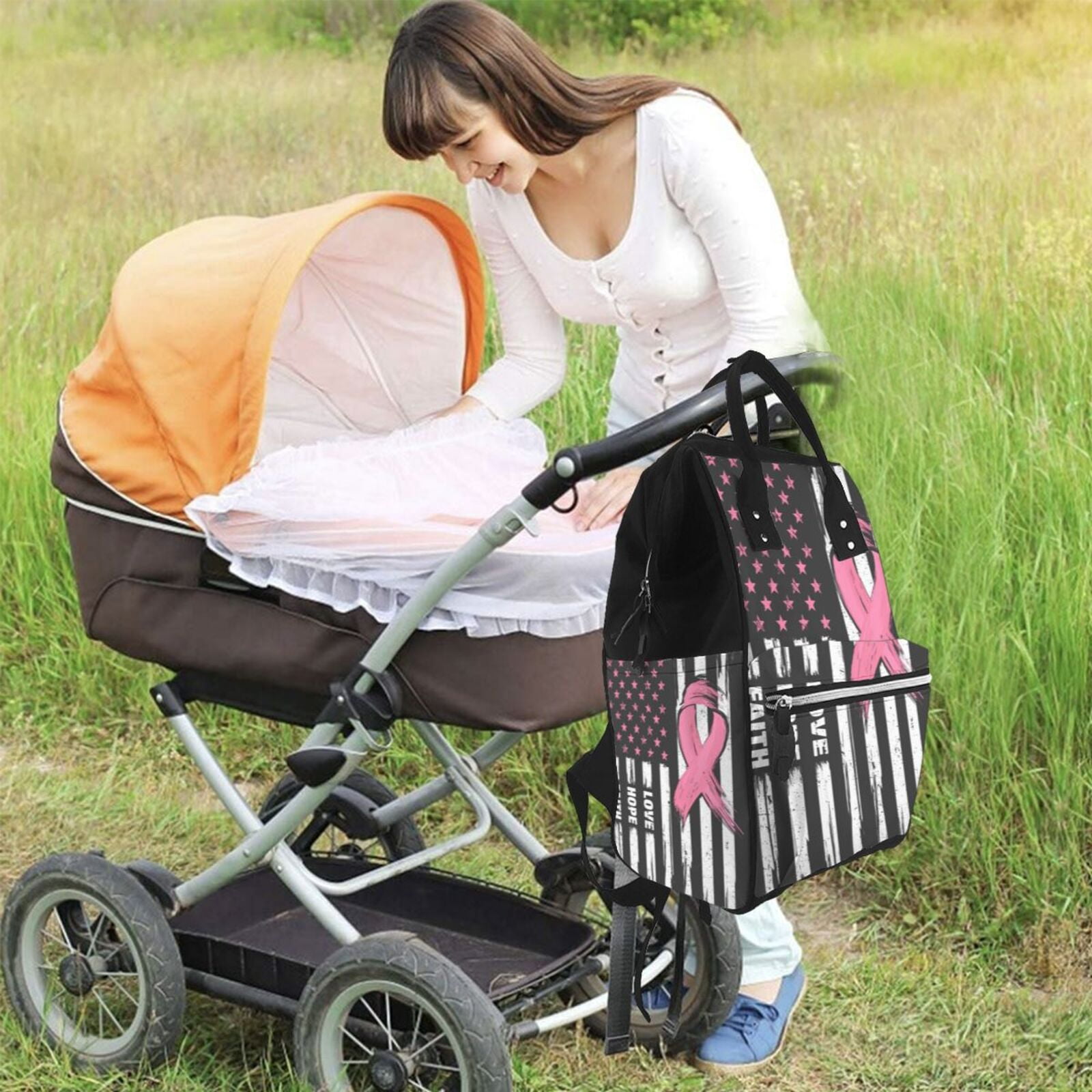 Ratiio Ribbon Breast Cancer Awareness Mummy Backpack - Waterproof Twill Canvas, Large Capacity Diaper Bag with Multiple Pockets and Adjustable Straps