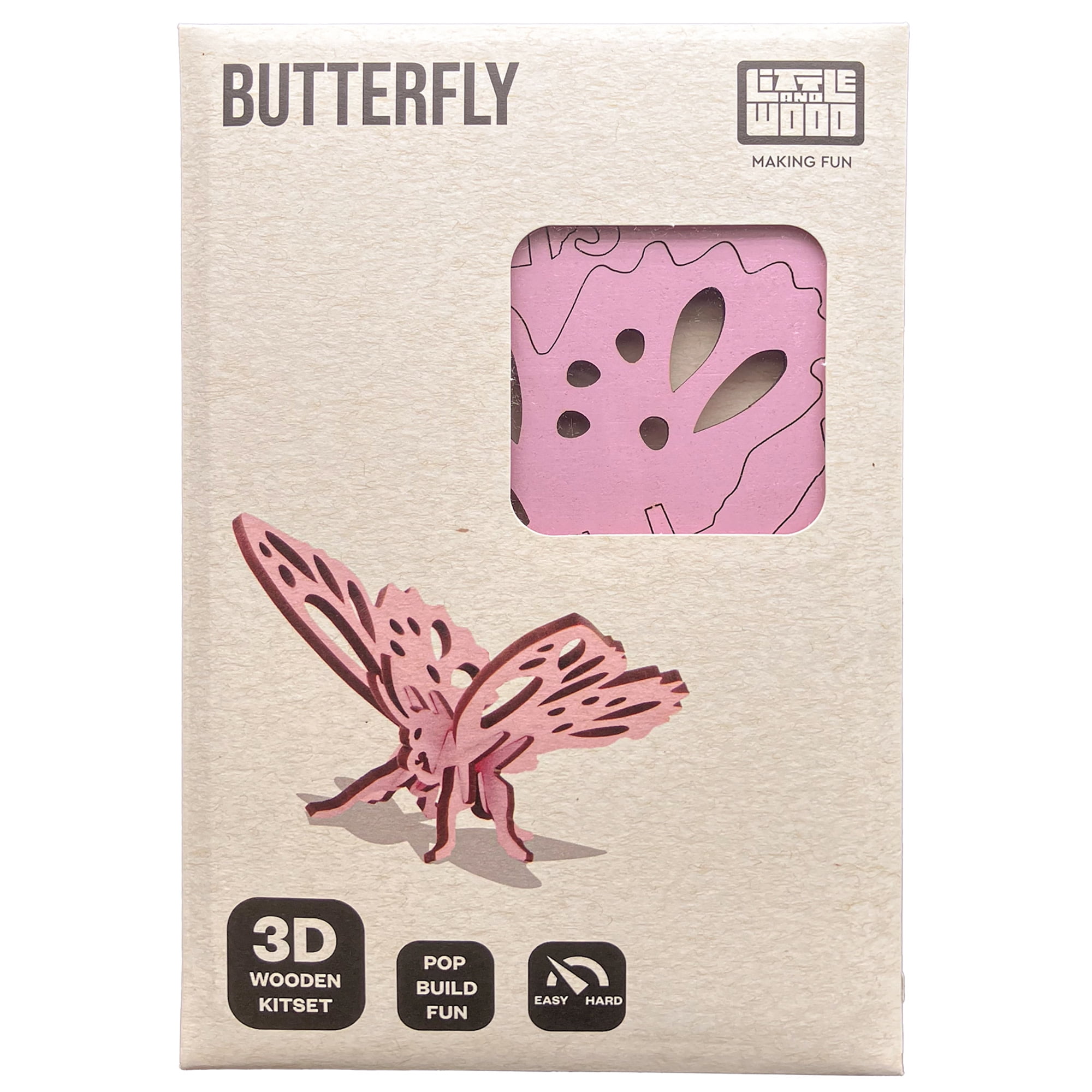 Little & Wood: Woodlet: Small - Butterfly - Pink, 3D Wooden Kit-Set, Insect Puzzle, Easy Assembly Critter, Pop Build Fun, Sustainably Sourced, Ages 6+