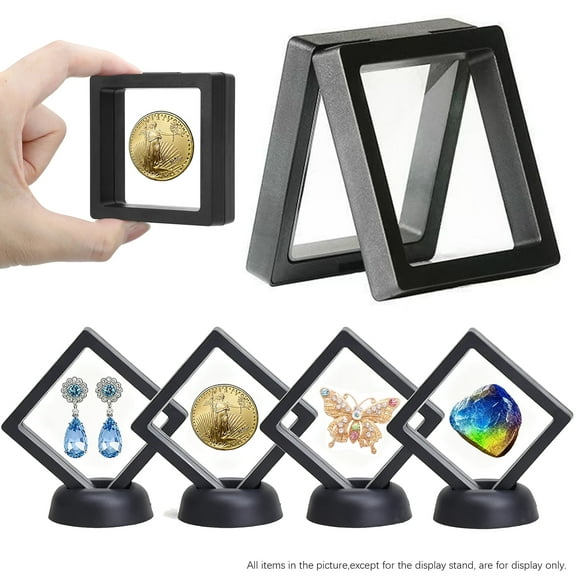 3D Floating Transparent Display Case - PE Film Storage & Gift Box for Jewelry (Earrings, Bracelet, Necklace), Medallion & Shells 2.75" x 2.75", 4Pack (Black)