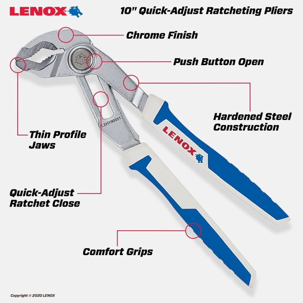LENOX TOOLS LXHT90551 Quick-Adjust 10" V-Jaw Plier, Chrome