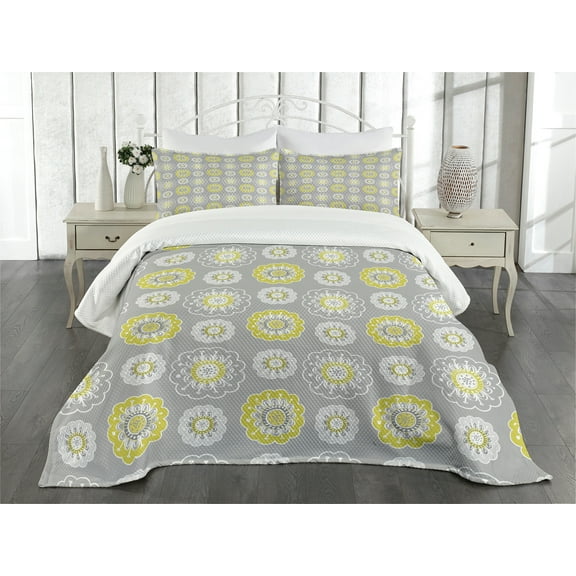 Ambesonne Pale Grey Quilted Bedspread Set 3 Pcs, Flowers Swirls, Queen Size, Mustard Yellow and White