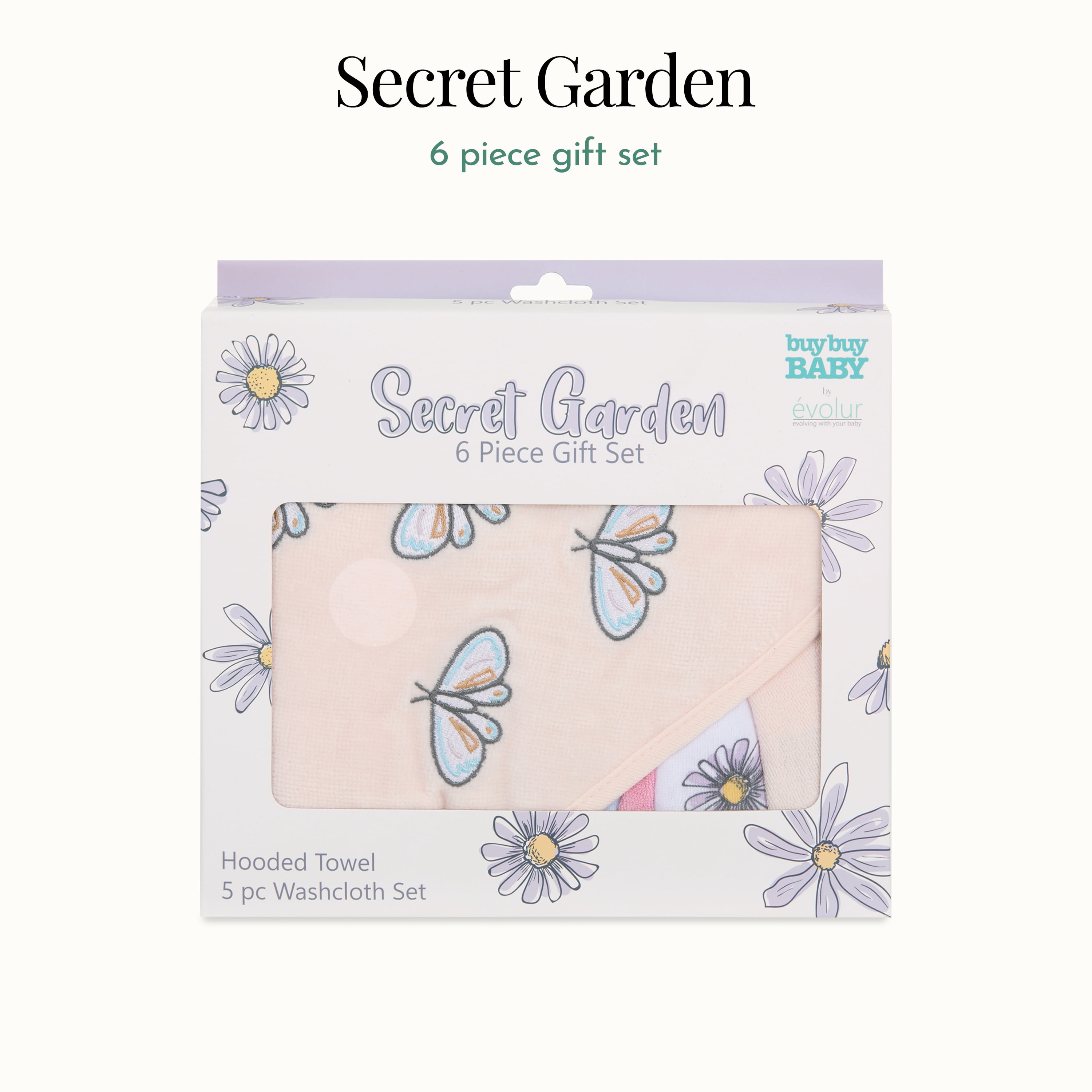 Evolur Secret Garden 6 pc Gift Set - Hooded Towel & 5pc Wash Cloths, Garden Print