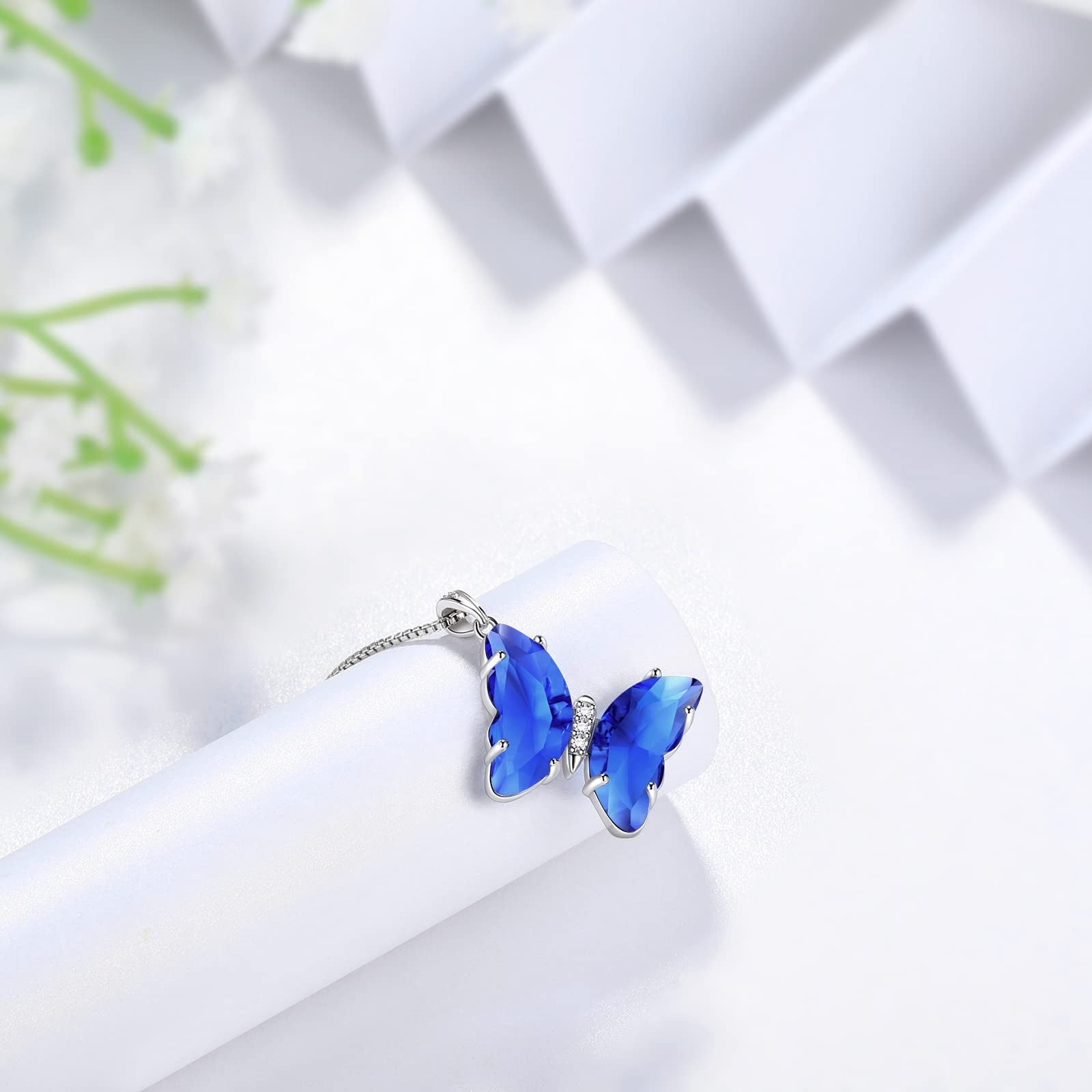 Blue Butterfly Necklace Sapphire September Birthstone Necklace Pendant 925 Sterling Silver Women Birthday Mother's Day Gifts Crystal Jewelry Juwaliy