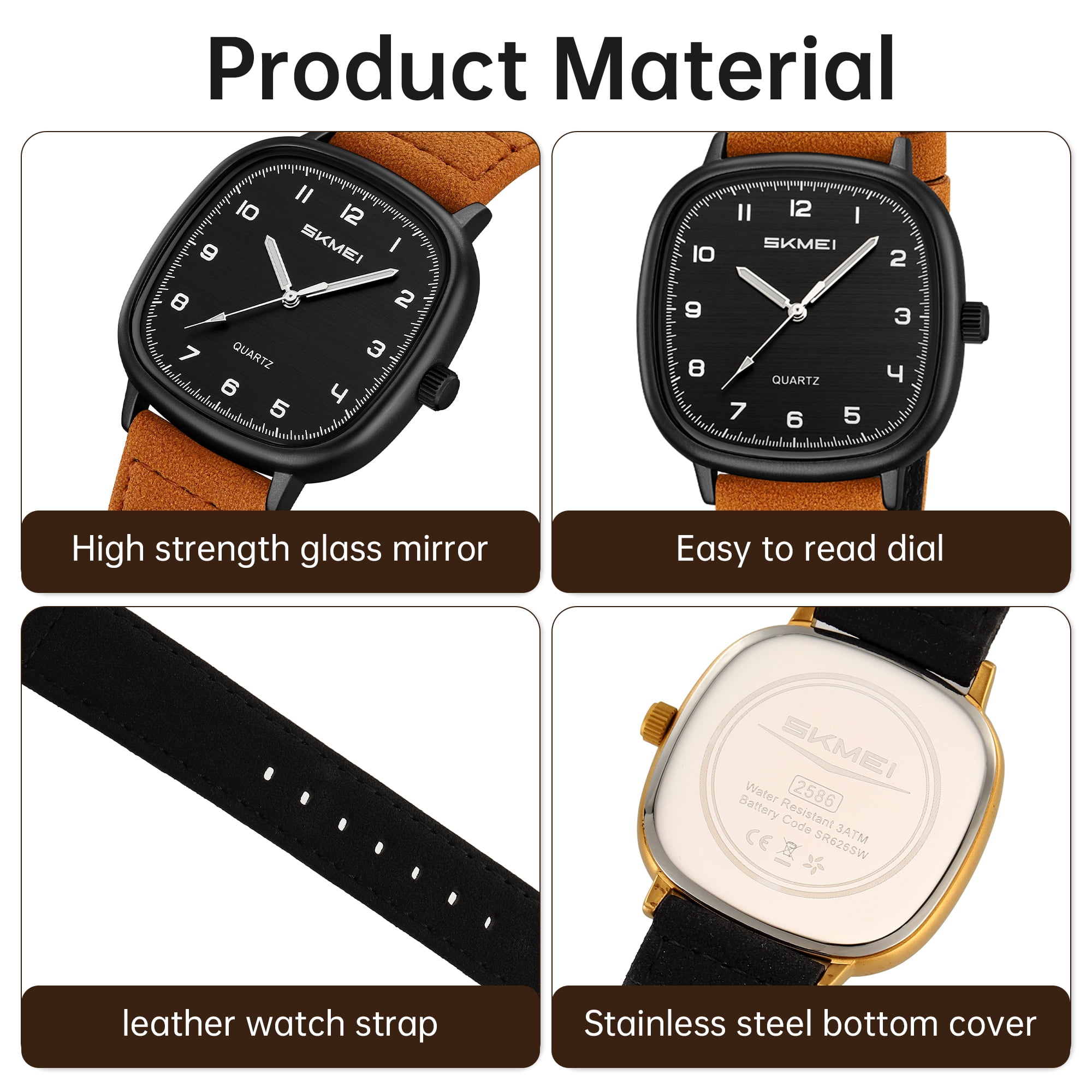 SKMEI Men Watch Fashion Minimalist Quartz Waterproof Wrist Watches for Mens Big Face Business Casual Watch，Leather Watch Strap