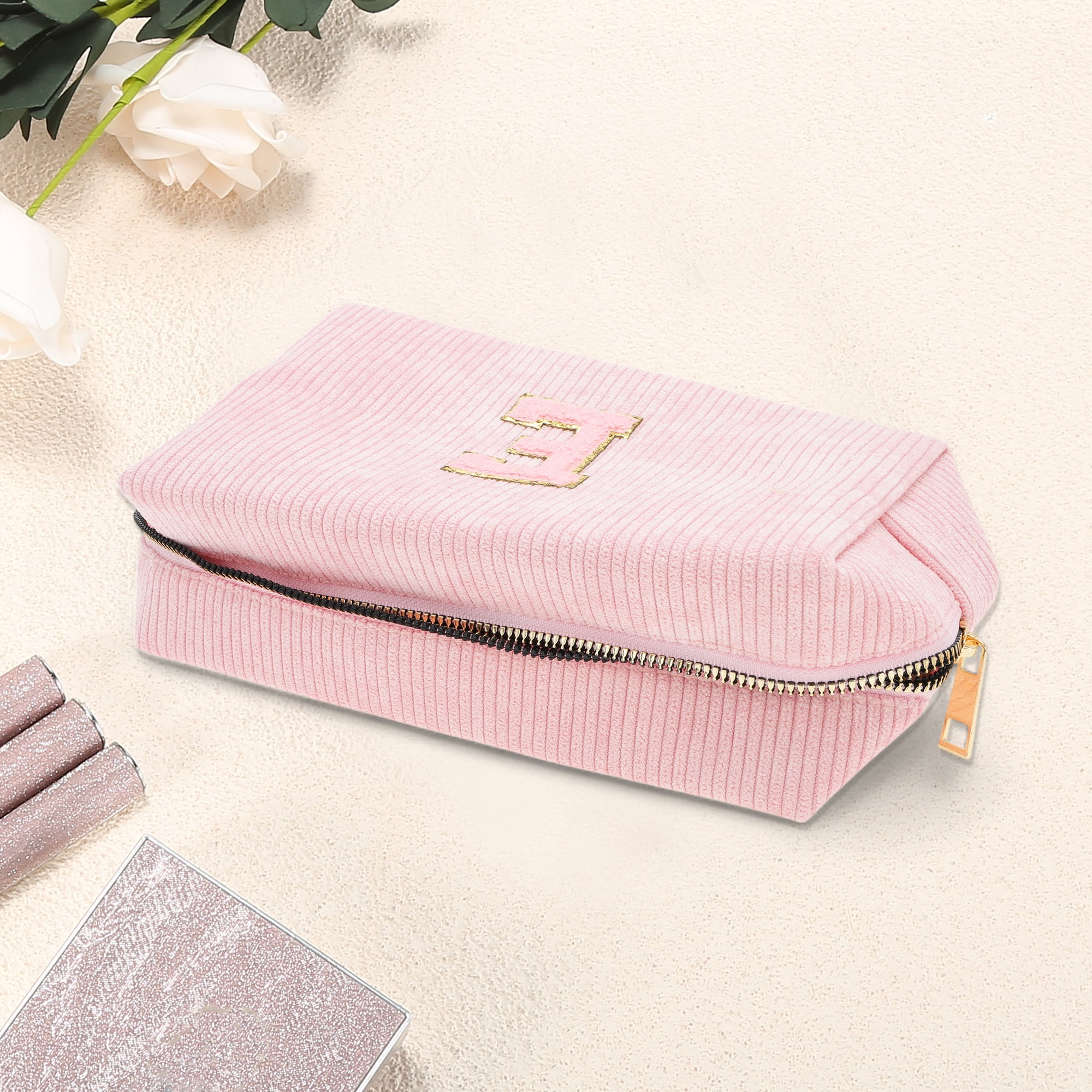 Unique Bargains 1 Pc Corduroy Rectangular Letter Makeup Bag Pink [Letter E]