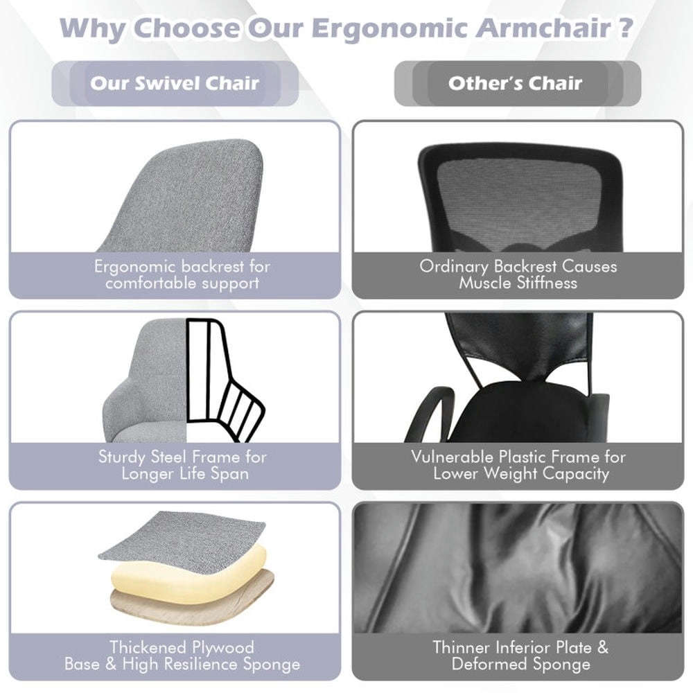 Demi Bonn Fabric Home Office Chair with Rocking Backres, Rolling Work Computer Desk Chair for Home, Bedroom, Study, Gray