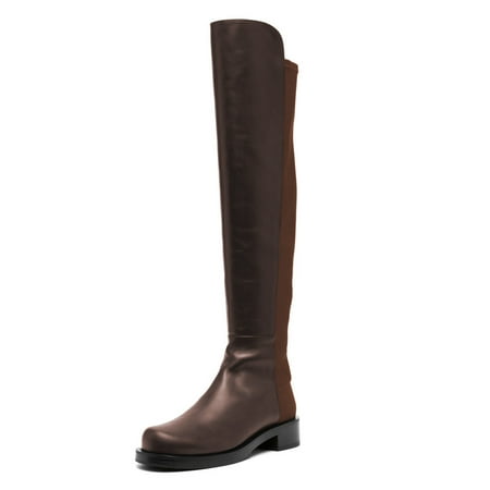 YDN Women Stretchy Pull On Round Toe Flats Knee High Boots Bi-Material Low Block Heel Long Boots Office Formal Shoes Size 6.5 Brown