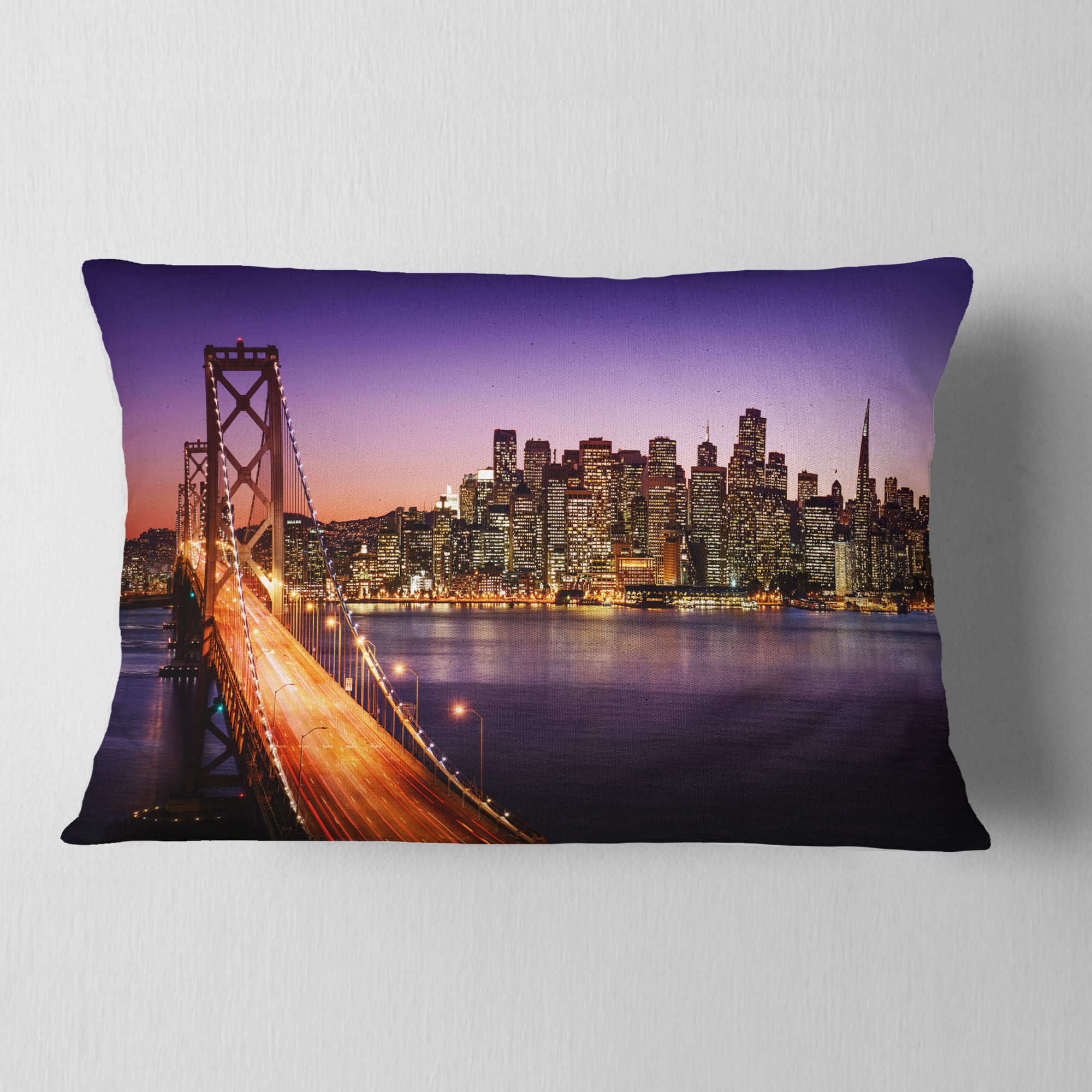 Designart San Francisco skyline and Bay Bridge - Sea Bridge Throw Pillow - 12x20
