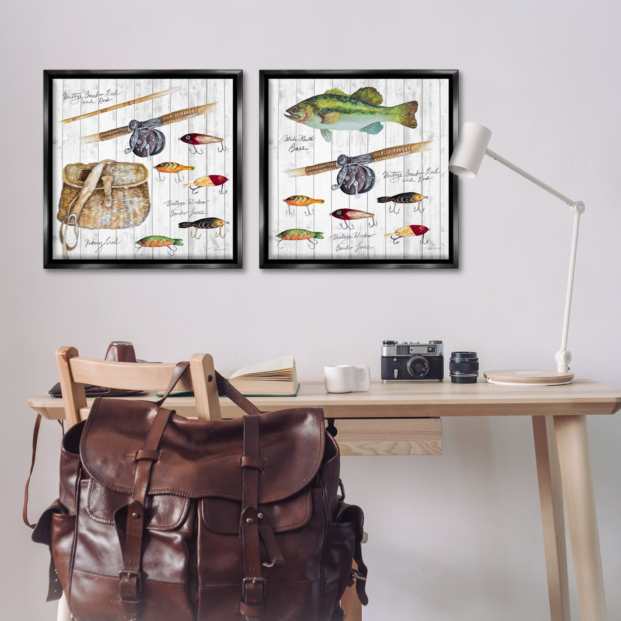 Stupell Industries Vintage Fishing Gear Sports Painting Black Floater Framed Canvas Art Print Wall Art, 25 x 25, Set of 2