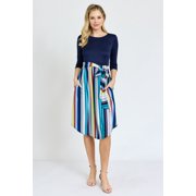 Vivid 3/4 Sleeve Multi Color Stripe Sash Midi Dress | S-3X