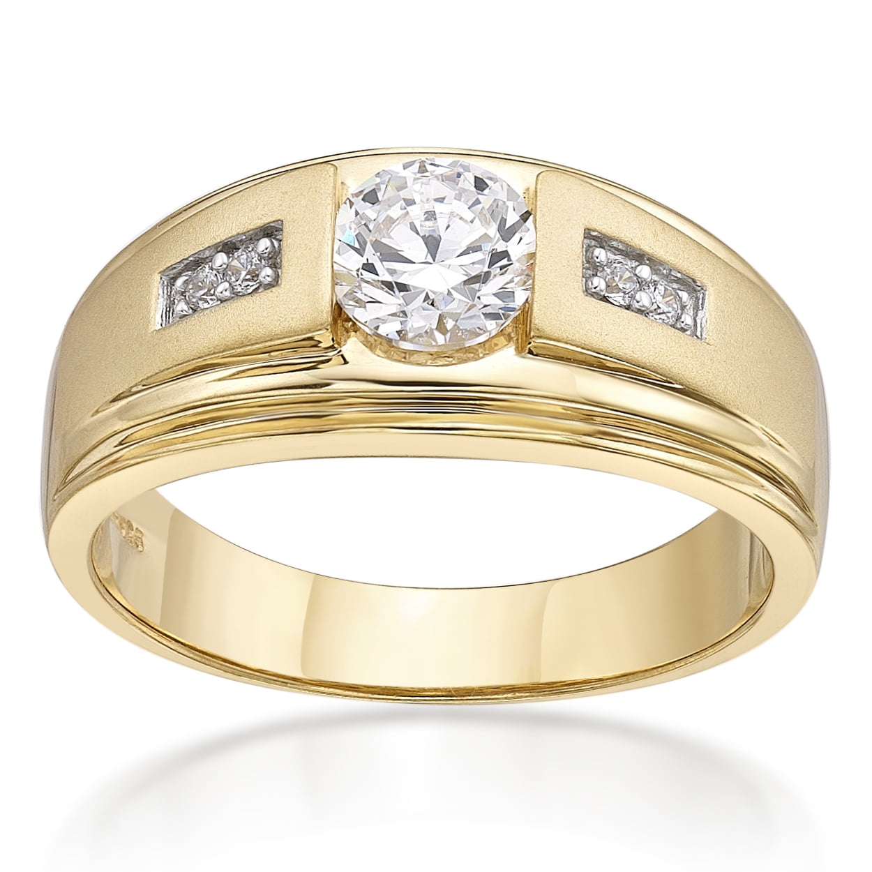 Jay Heart Designs 925 Sterling Silver with 14K Yellow Gold Plating Simulated White Diamond Round Center Men\\\'s Ring