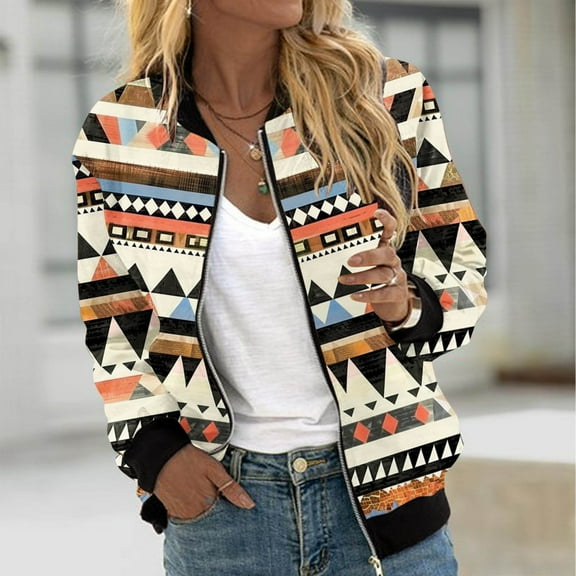 QATAINLAV Zip Up Jackets for Women 2024 Trendy Geometric Print Baseball Bomber Jacket Lightweight Windbreaker Moto Biker Jackets with Pockets Today's Deals Yellow S