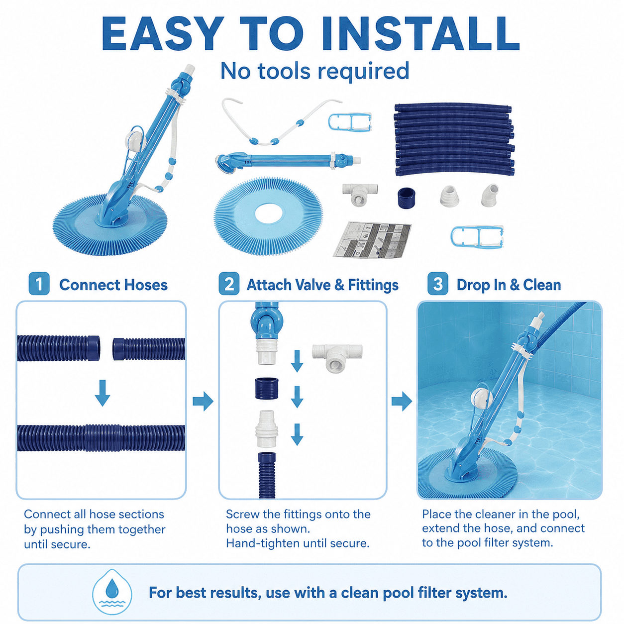 Alvantor Automatic Suction Pool Cleaner with 10 Hoses, No-Electric Pool Vacuum Cleaner for Above-Ground & Inground Swimming Pool