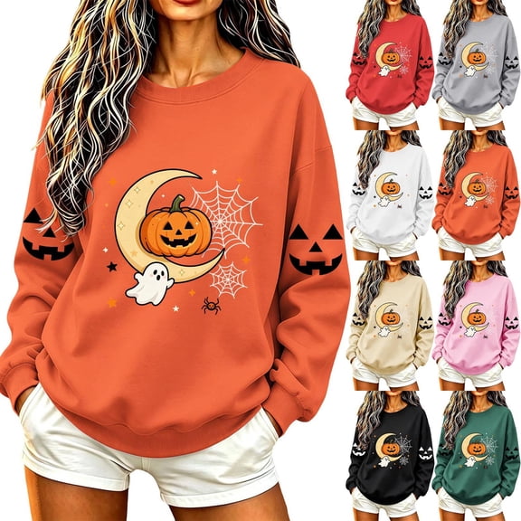 Jsaierl Halloween Sweatshirts Women Funny Graphic Pullovers Soft Work Crewneck Long Sleeve Shirt Tops Halloween Costumes, Sizes XS-XL
