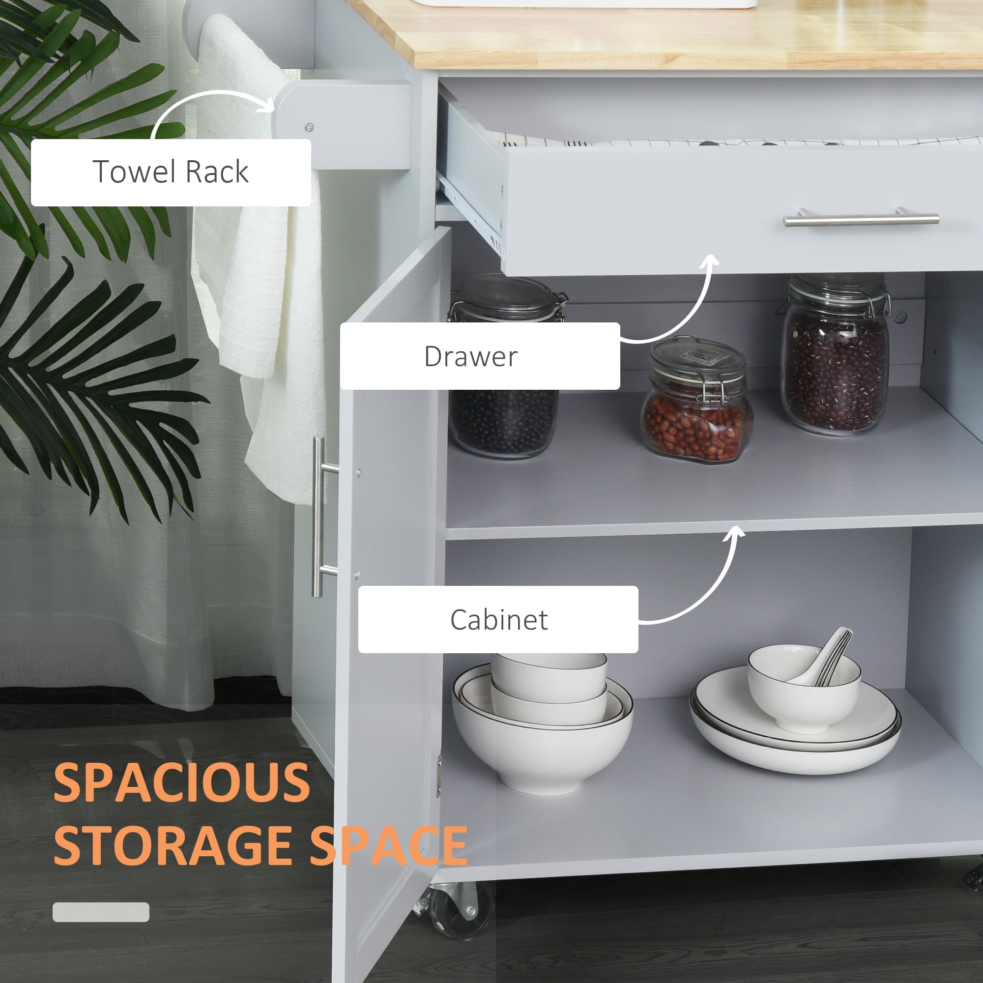 HOMCOM Kitchen Island Cart Rolling Trolley Cart with Drawer, Storage Cabinet & Towel Rack, Gray