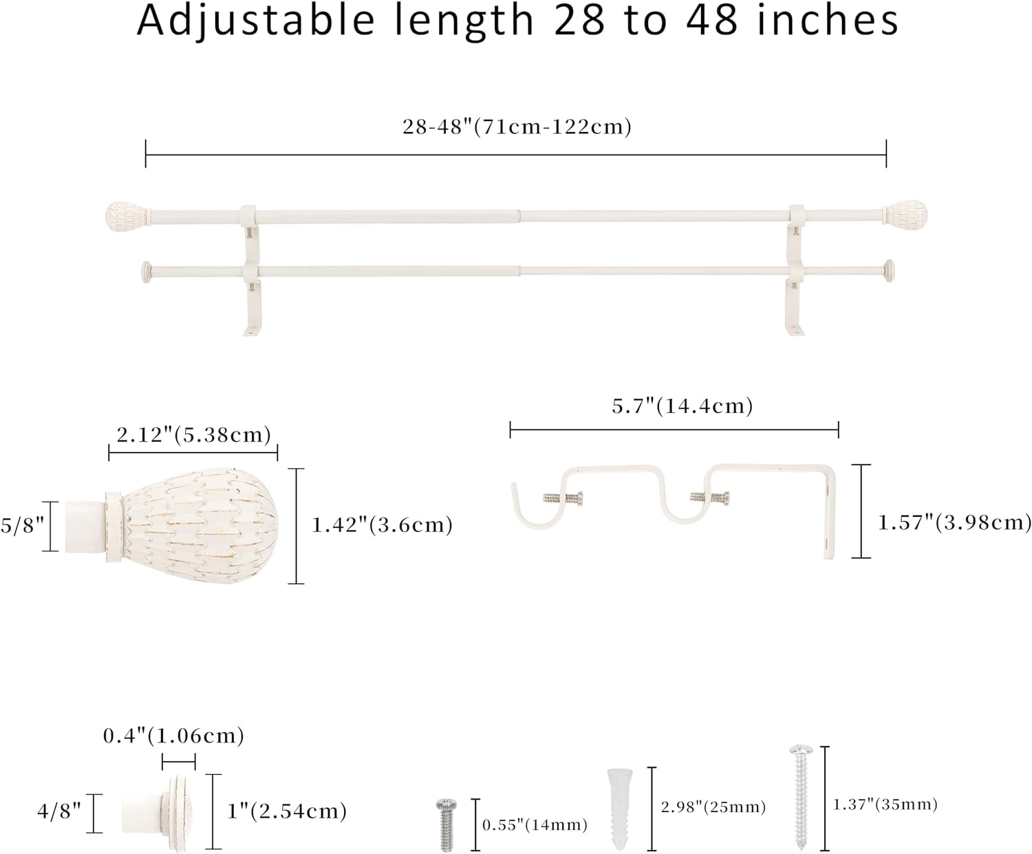 eTeckram 5/8" Double Curtain Rod with Brun Finials,Weathered White,28‘’-48‘’