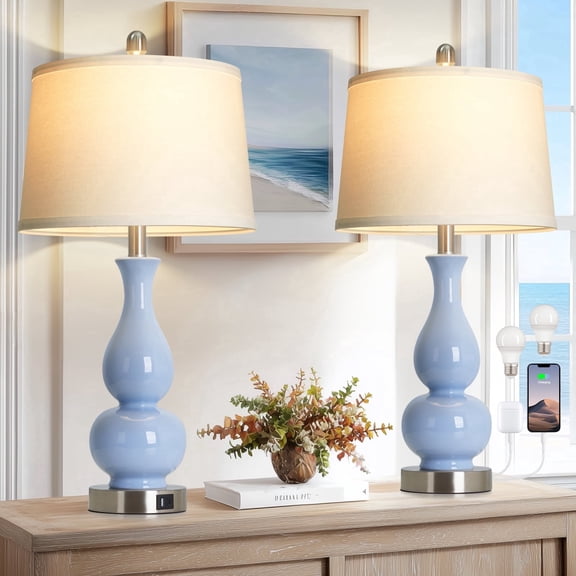 Lolikit Table Lamp Set of 2, Coastal Blue Ceramic Coastal Lamp, 27" Modern Nightstand Bedside Lamp for Living Room Bedroom, Bulbs Included