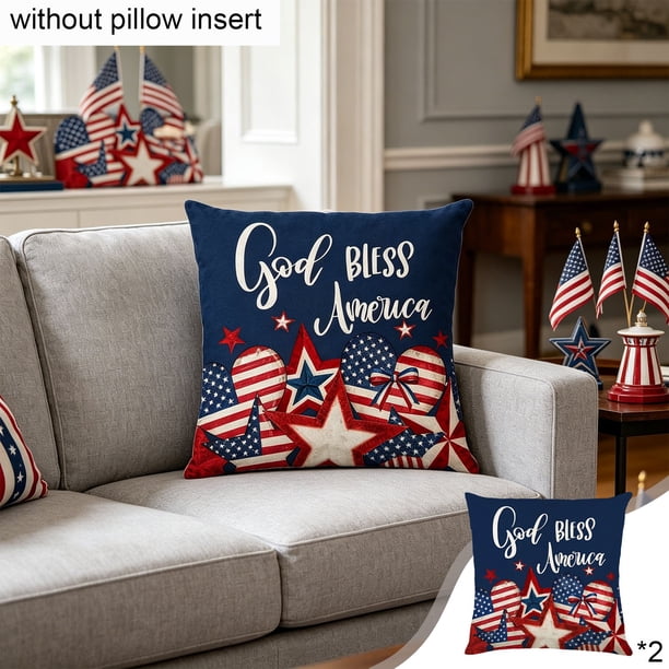 2 Pack 18x18 Inch 45x45cm Patriotic Throw Pillow Covers Happy Of July Gods Blessed America Pillow Cases For Independence Day Home Decor