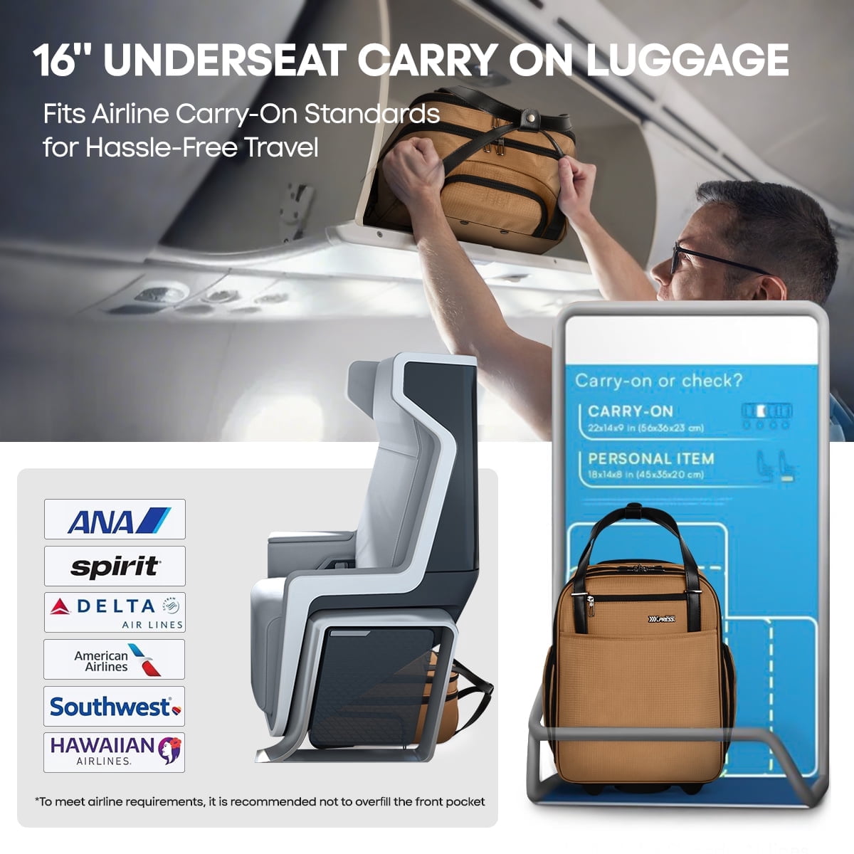 16" Underseat Carry on Luggage for Airplane, Softside Small Rolling Suitcase,Lightweight Personal Item Travel Bag, Brown - XJ5011