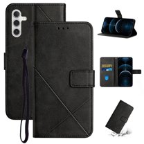 SaniMore for Samsung Galaxy A15 Wallet Case with Wrist Strap Magnetic Clasp, Card Slots PU Leather Skin Shockproof TPU Inner Anti-drop Flip Stand Business Shell Wear-resistant - Black