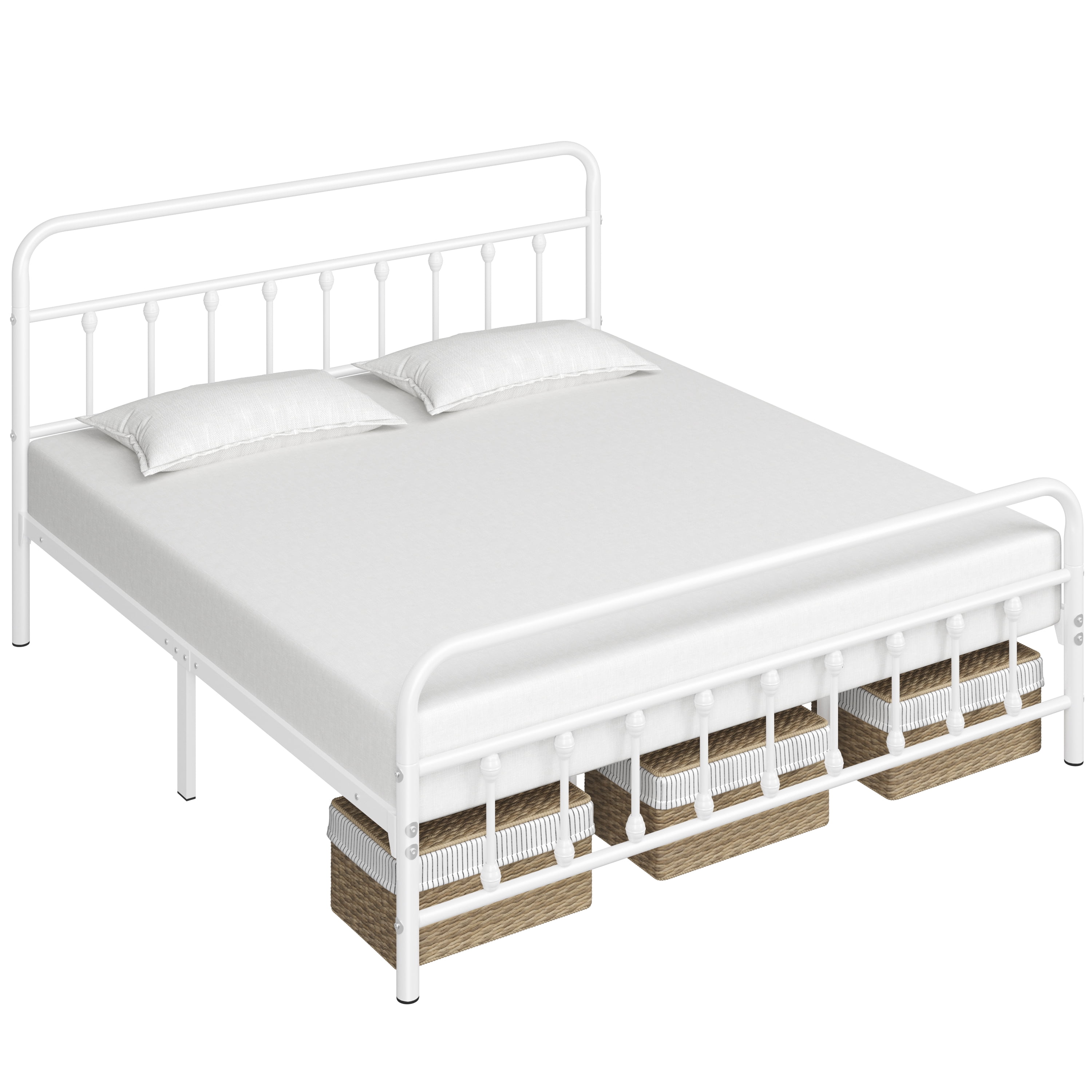 Alden Design King Size Classic Iron Platform Bed with High Headboard and Footboard, White