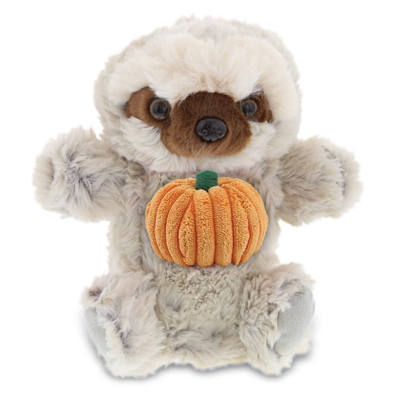 DolliBu Super Soft Plush Sloth Hand Puppet Stuffed Animal with Pumpkin Decor - Pumpkin Plush Animal for Fall, Halloween and Thanksgiving, Pumpkin Toy for Baby, Kids, Adults - 9 Inches