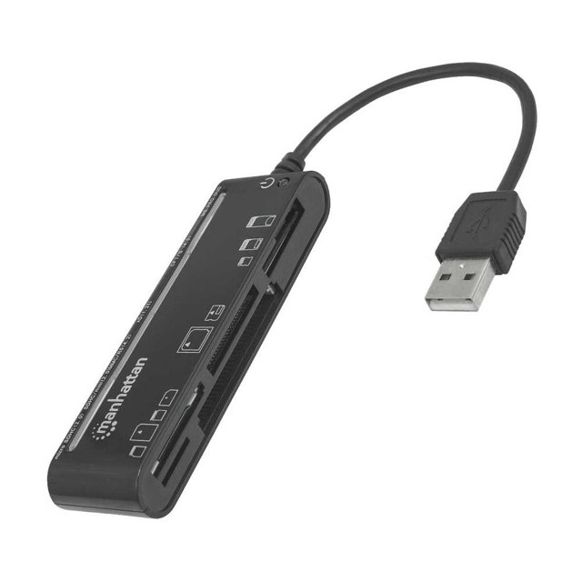 Lector de Tarjetas Manhatthan 79 en 1 394369 con diseño rectangular negro y cable USB, compatible con memorias SD, CompactFlash, Memory Stick y más, con transferencia de datos hasta 480 Mbps, ideal para computadoras Windows y Mac, también adecuado para administrar contenido multimedia en dispositivos de fotografía y drones.