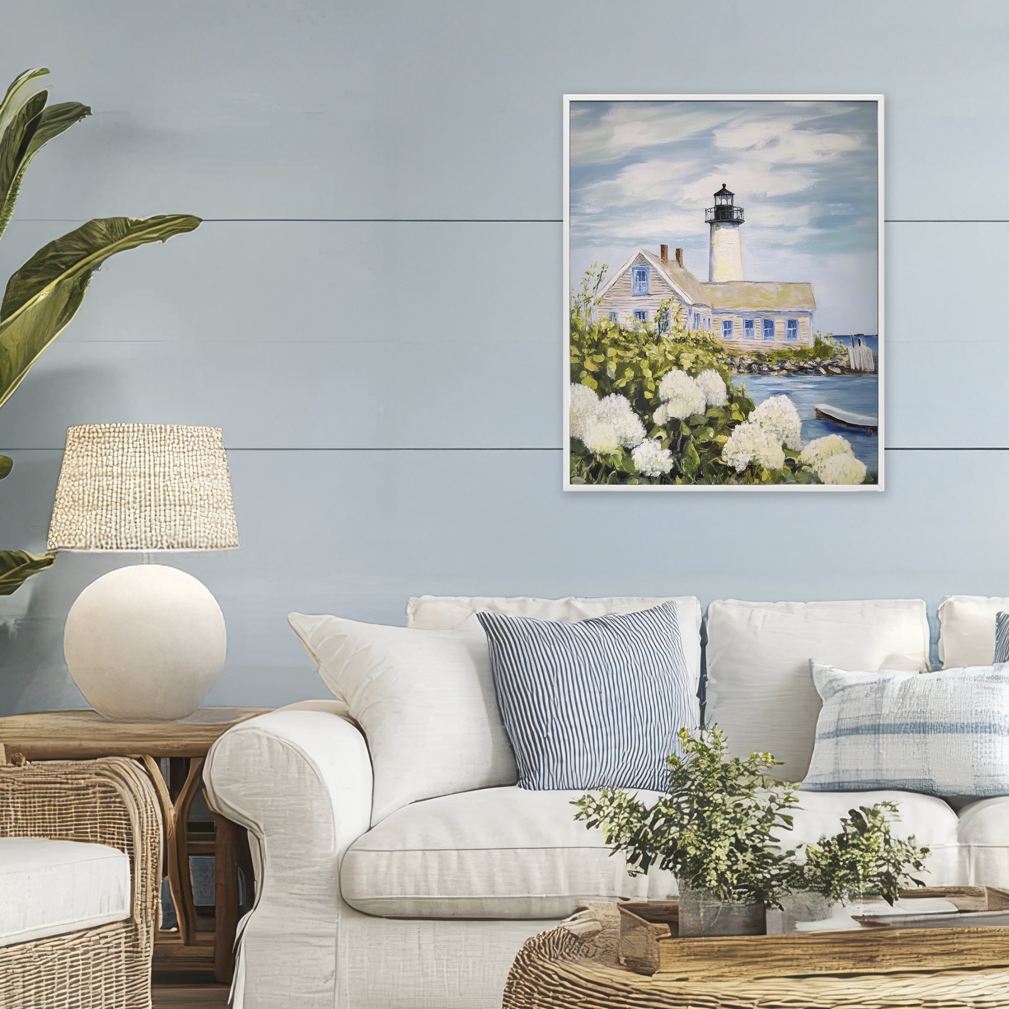 Stupell Industries Lighthouse Scenery with Hydrangeas White Framed Giclee Art, design by Sisi and Seb