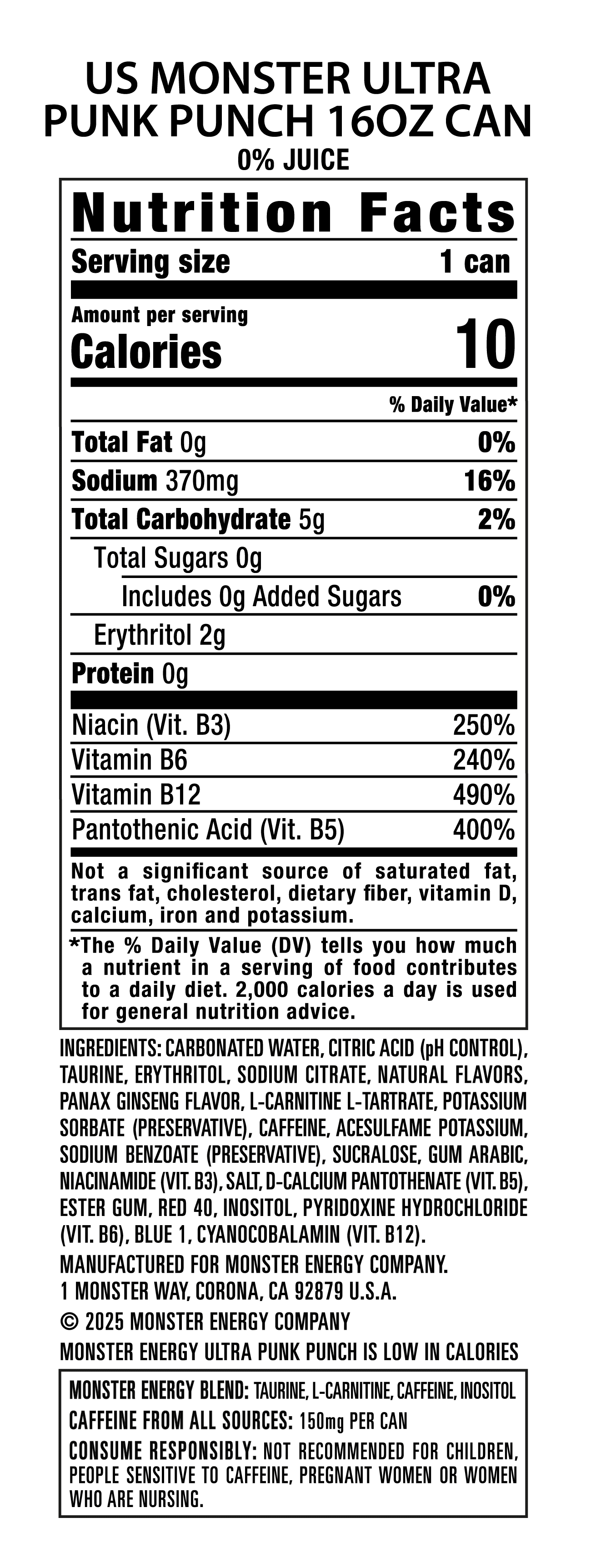 Monster Ultra, Punk Punch, Sugar Free Energy Drink, 15 Pack - 16 Fl Oz
