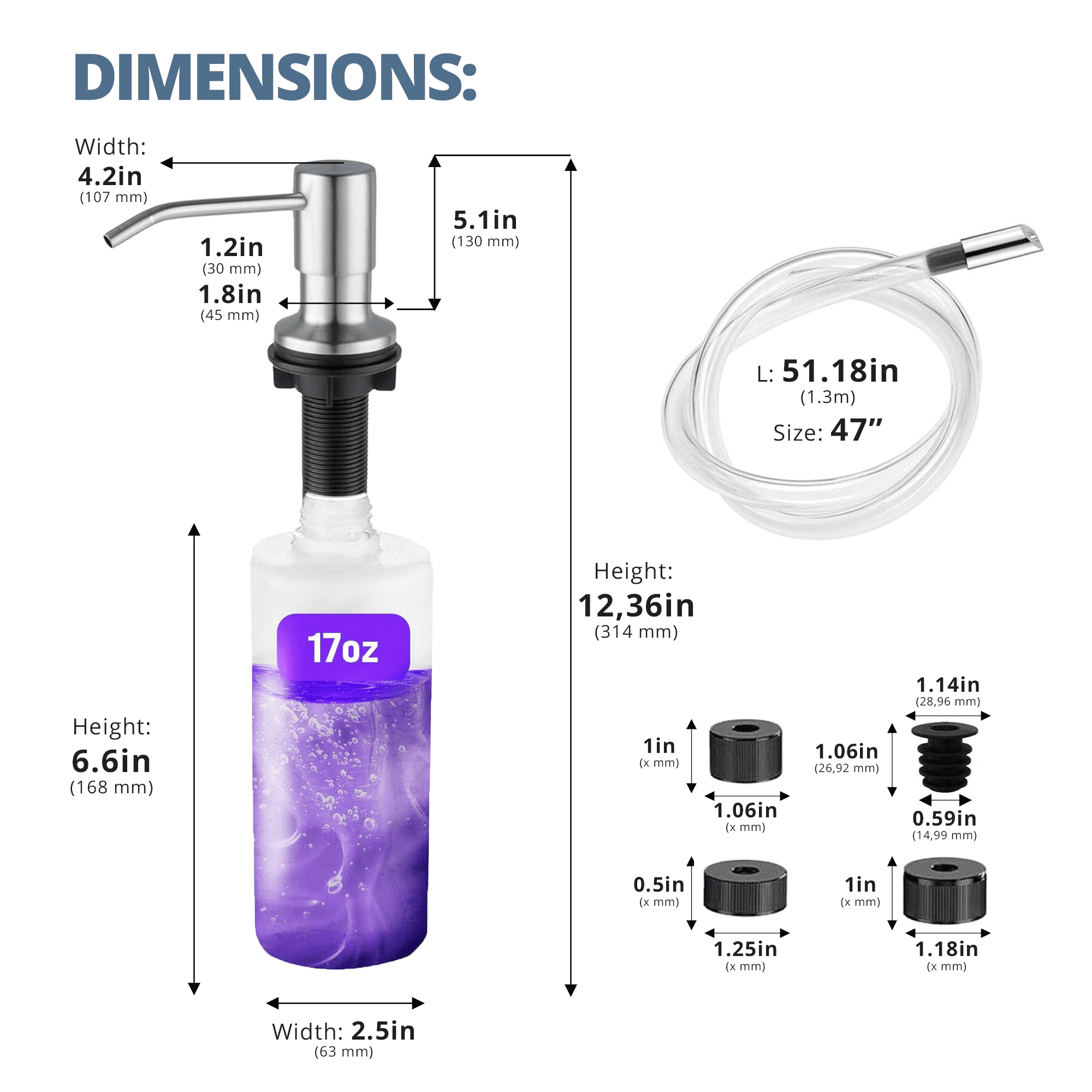 SBEN Built-in Kitchen Sink Soap Dispenser – Stainless Steel Brushed Nickel Pump, 17 oz Bottle and Extension Tube Kit 47"