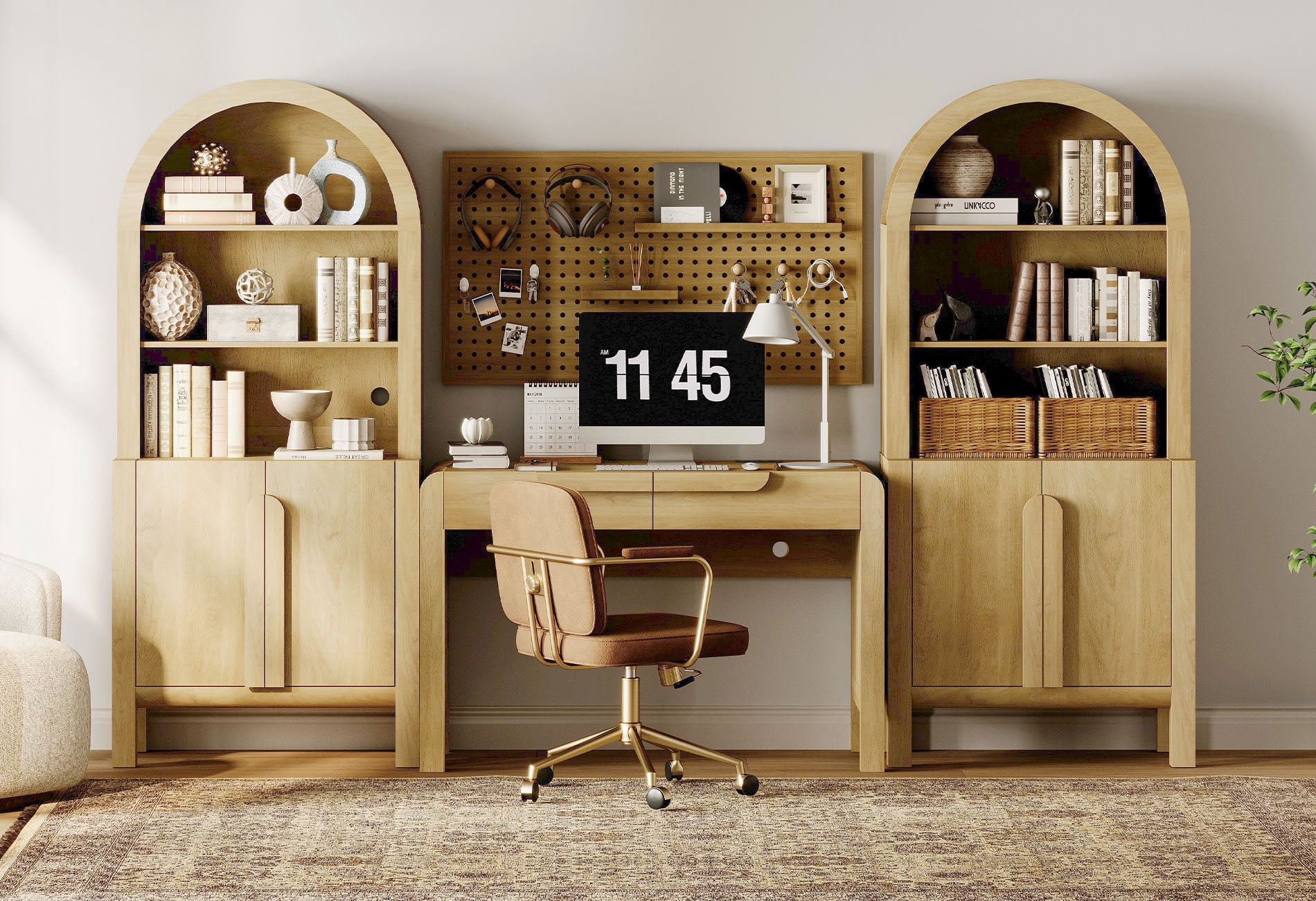 Home Office Set, 47" Modern Executive Desk with Charging Station and Drawers & 2 Piece 71"H Tall 5-Tier Arched Bookcases with Storage Cabinet for Living Room, Bedroom, Home Office