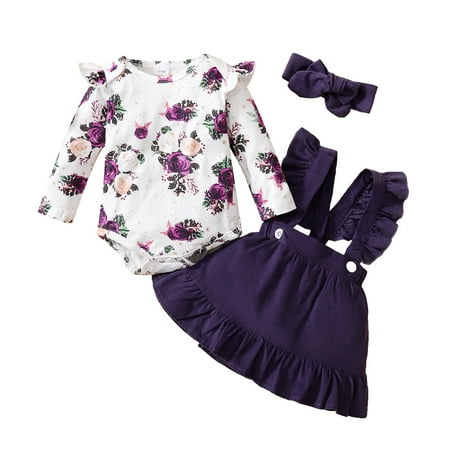 

Baby Girls Outfit Long Sleeve Floral Print Ruffle Sleeve Romper Top +Straps Suspender Skirts+Headband 3PCS Summer Set 6-9 Months Purple