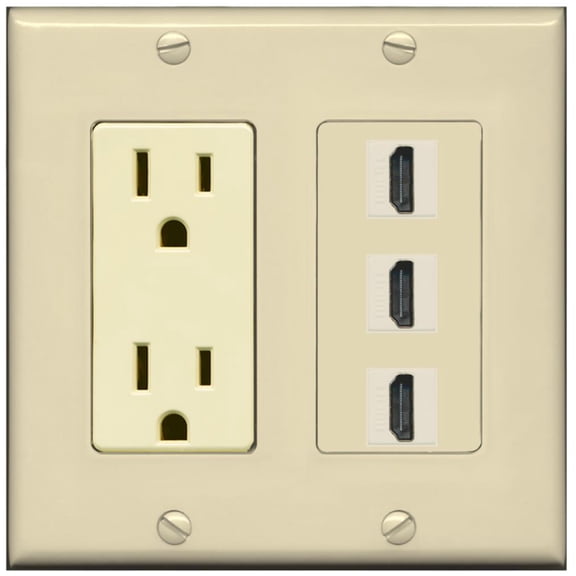 RiteAV - 15 Amp Power Outlet 3 Port HDMI Decorative Wall Plate - Ivory