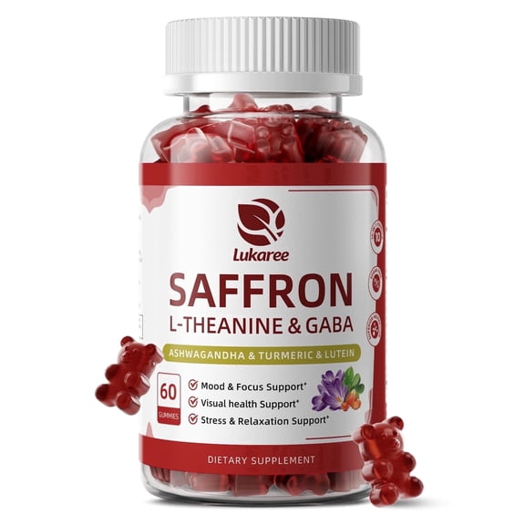 Lukaree Saffron Gummies with L-Theanine & GABA, Ashwagandha, Turmeric, Lutein & Zeaxanthin for Mood, Focus & Eye Support, 60 Vegan Gummies
