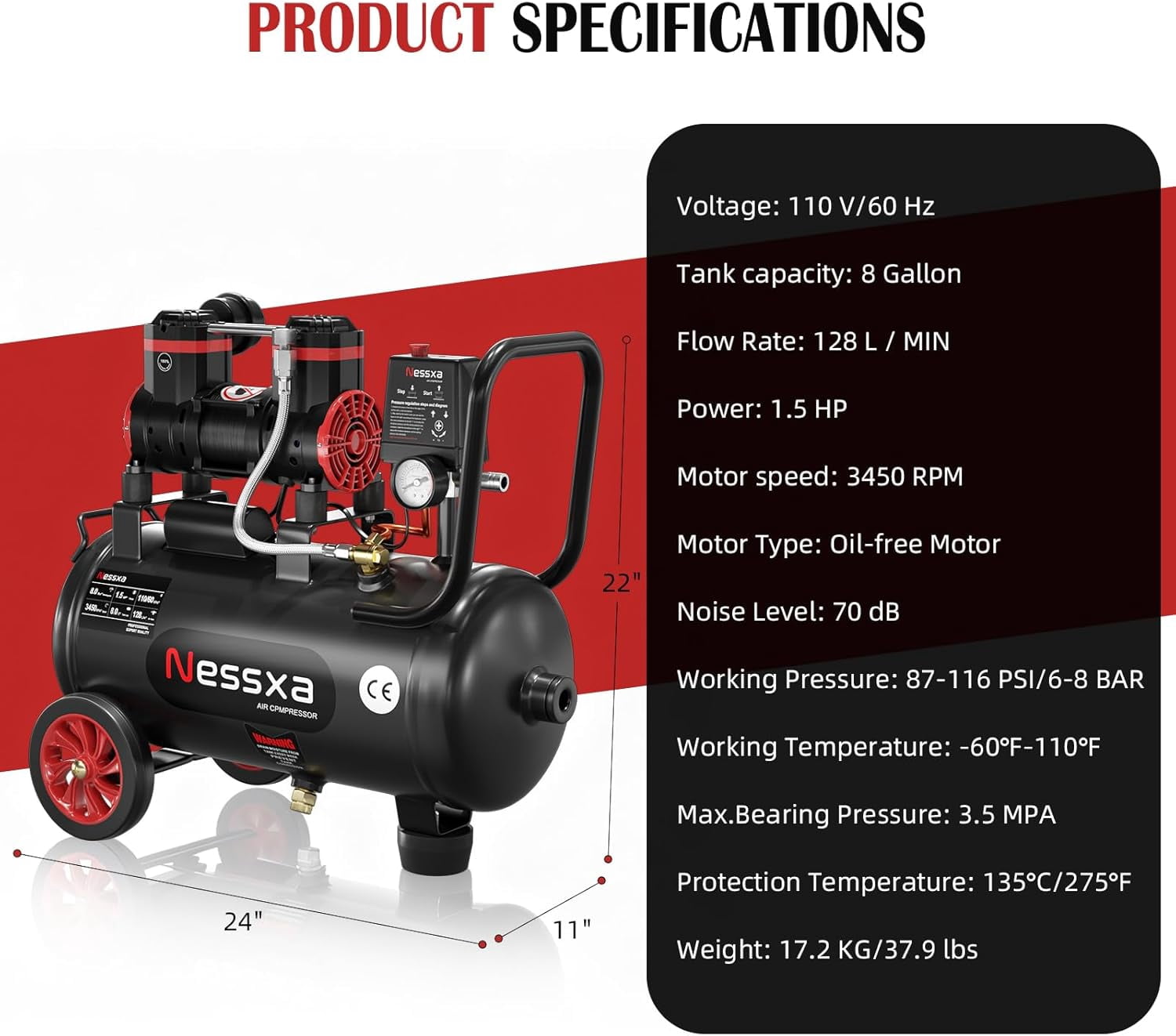 8 Gallon Ultra Quiet Oil-Free Air Compressor, 1.5HP 4.52 CFM 115 PSI, 70dB 110V Portable Air Compressor for Car Repair, Spray Painting, Woodwork Nailing