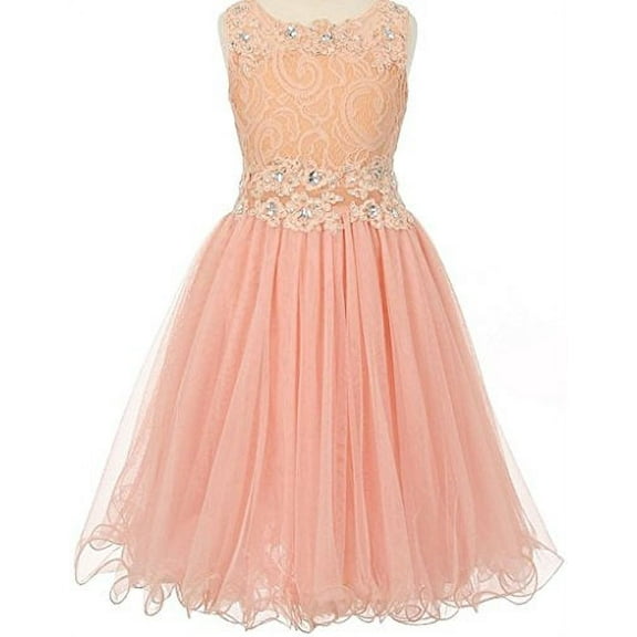 Little Girls Sleeveless Rhinestone Lace Peekaboo Waist Pageant Flower Girl Dress Peach 6 (C50C10)