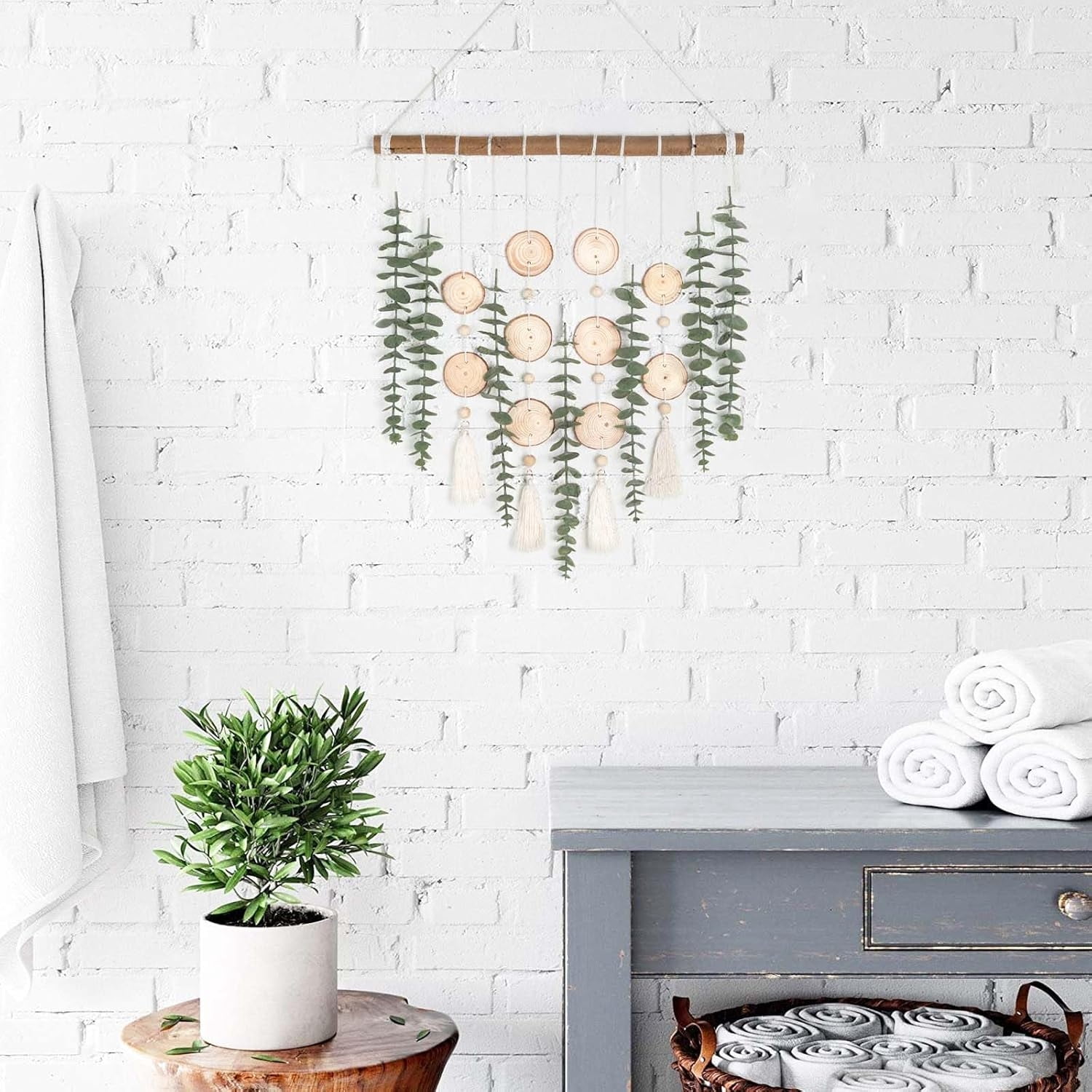 Artificial Eucalyptus Boho Wall Decor Aesthetic Greenery Boho Chic Wall Hanging Decor Greenery Leaves Stems Hanging Plants with Wooden Stick for Rustic Farmhouse Home/Office Decor